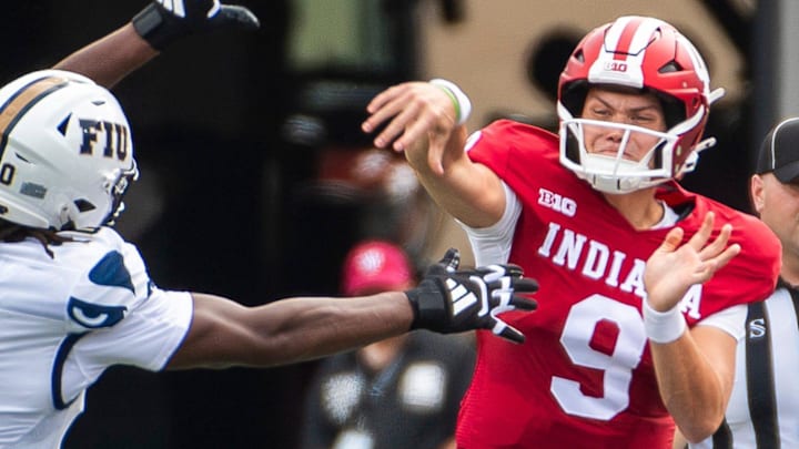 Indiana quarterback Kurtis Rourke (9) throws the ball against Florida International at Memorial Stadium. Indiana quarterback Kurtis Rourke (9) throws the ball against Florida International at Memorial Stadium.