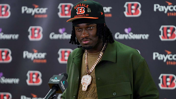 Cincinnati Bengals first-round draft pick Shemar Stewart listens to questions from reporters during a press conference, Friday, April 25, 2025, at Paycor Stadium in Downtown Cincinnati. , Friday, April 25, 2025, at Paycor Stadium in Downtown Cincinnati.