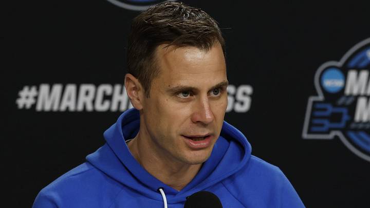 Mar 26, 2026; Washington, DC, USA; Duke Blue Devils head coach Jon Scheyer speaks with the media during a press conference ahead of the east regional of the men's 2026 NCAA Tournament at Capital One Arena. Mandatory Credit: Geoff Burke-Imagn Images