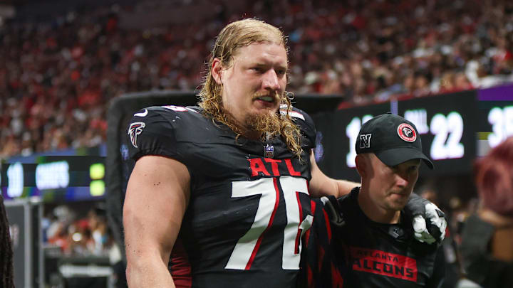 Atlanta Falcons right tackle Kaleb McGary took on the role of blindside protector with the switch to left-handed Michael Penix Jr.
