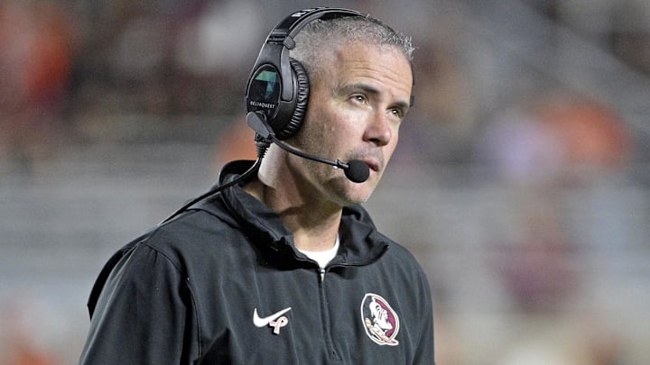 Oct 5, 2024; Tallahassee, Florida, USA; Florida State Seminoles head coach Mike Norvell looks on during the second half against the Clemson Tigers at Doak S. Campbell Stadium. Mandatory Credit: Melina Myers-Imagn Images