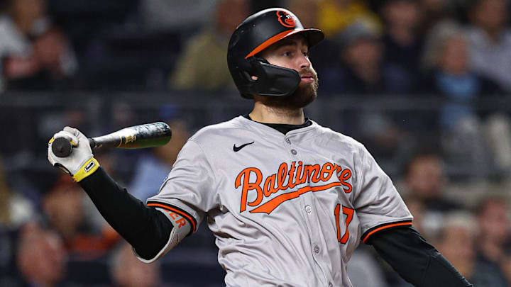 Sep 24, 2024; Bronx, New York, USA; Baltimore Orioles left fielder Colton Cowser (17) hits a solo home run during the eighth inning against the New York Yankees at Yankee Stadium