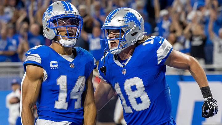 Detroit Lions wide receiver Amon-Ra St. Brown (14) and wide receiver Isaac TeSlaa (18) celebrate a touchdown Detroit Lions wide receiver Amon-Ra St. Brown (14) and wide receiver Isaac TeSlaa (18) celebrate a touchdown