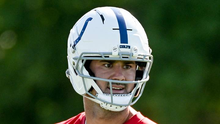 Indianapolis Colts quarterback Daniel Jones participates in a drill