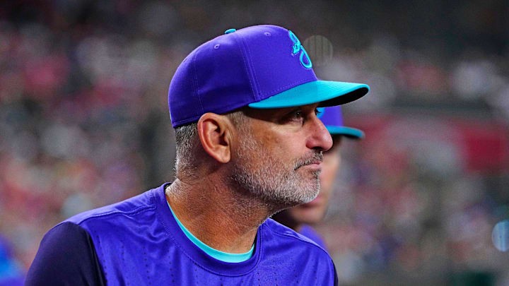 Diamondbacks manager Torey Lovullo watches his team play against the Royals during a game in Phoenix, at Chase Field on July 5, 2025.