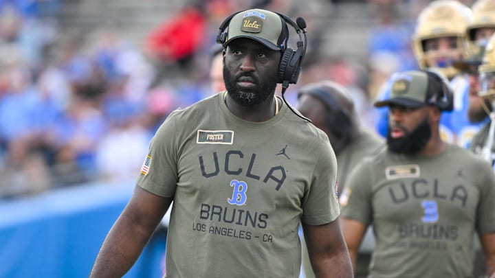 Nov 30, 2024; Pasadena, California, USA; UCLA Bruins head coach DeShaun Foster on the sidelines during the third quarter against the Fresno State Bulldogs at Rose Bowl. Mandatory Credit: Robert Hanashiro-Imagn Images