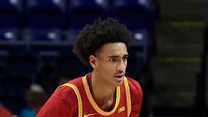 Feb 8, 2026; University Park, Pennsylvania, USA; Southern California Trojans guard Alijah Arenas (0) defends as Penn State Nittany Lions guard Freddie Dilione V (5) dribbles the ball during the second half at Bryce Jordan Center. Mandatory Credit: Matthew O'Haren-Imagn Images