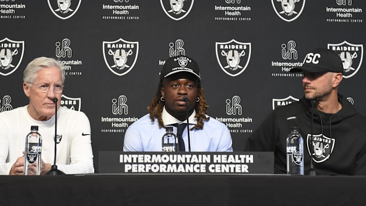 Apr 25, 2025; Henderson, NV, USA; (L-R) Las Vegas Raiders head coach Pete Carroll, Ashton Jeanty and general manager John Spytek during a news conference introducing Jeanty as the first round draft pick in the 2025 NFL Draft at Intermountain Health Performance Center. Mandatory Credit: Candice Ward-Imagn Images