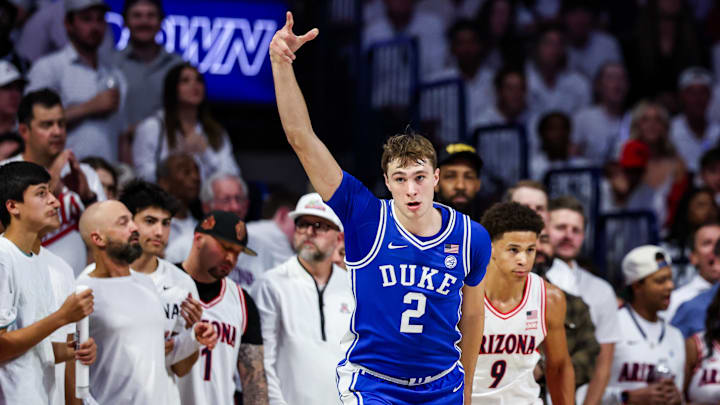 Nov 22, 2024; Tucson, Arizona, USA; Duke Blue Devils forward Cooper Flagg (2) celebrates a three pointer made during the second half against the Arizona Wildcat at McKale Center. Mandatory Credit: Aryanna Frank-Imagn Images