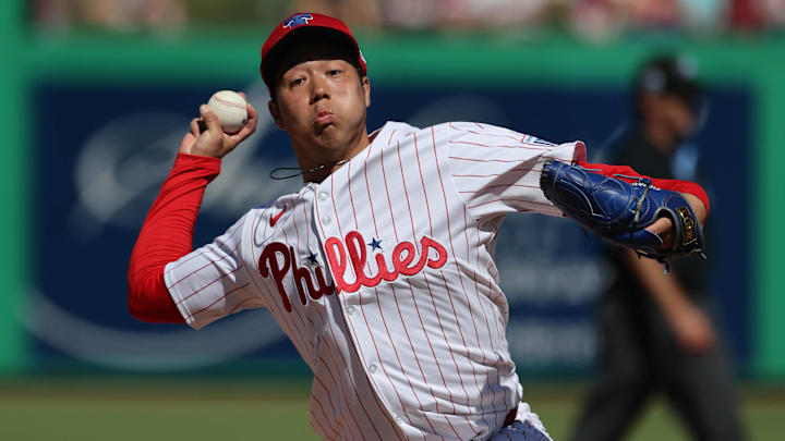 Feb 28, 2025; Clearwater, Florida, USA;  Philadelphia Phillies pitcher Koyo Aoyagi (31)  throws a pitch during the fourth inning against the Boston Red Sox at BayCare Ballpark