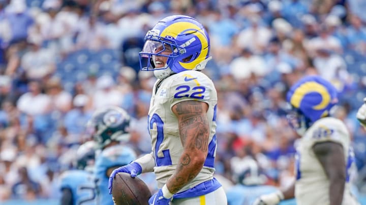 Los Angeles Rams running back Blake Corum (22) celebrates his touchdown against the Tennessee Titans during the fourth quarter at Nissan Stadium in Nashville, Tenn., Sunday, Sept. 14, 2025.