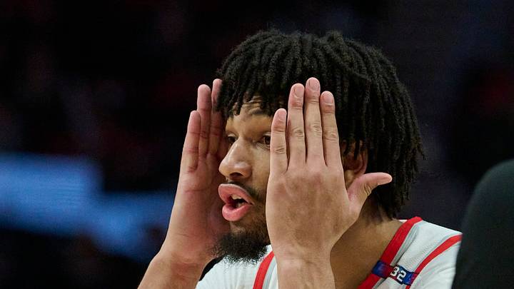 Portland Trail Blazers guard Shaedon Sharpe reacts to being called for a foul during the second half. Portland Trail Blazers guard Shaedon Sharpe reacts to being called for a foul during the second half.