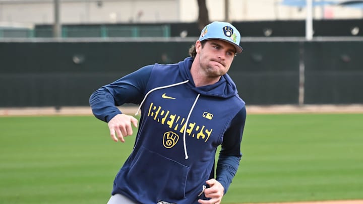 Milwaukee Brewers infielder Tyler Black (7) rounds third base during spring training workouts Monday, February 16, 2026, at American Family Fields of Phoenix in Phoenix, Arizona.