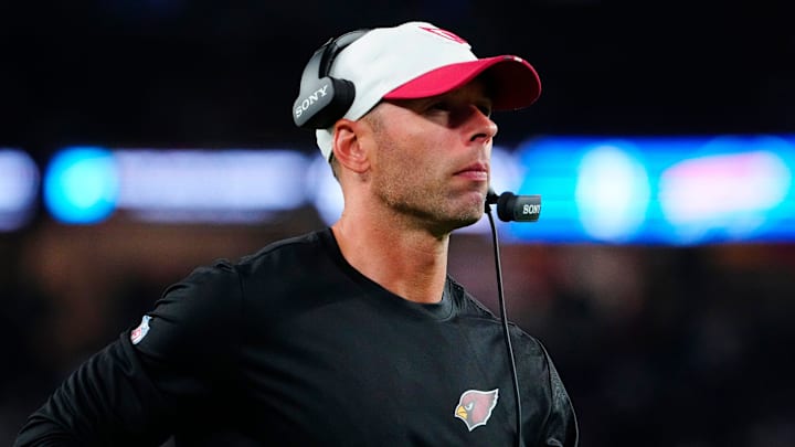 Cardinals head coach Jonathan Gannon looks up at the scoreboard during a preseason game against the Raiders at State Farm Stadium in Glendale on Aug. 23, 2025. Cardinals head coach Jonathan Gannon looks up at the scoreboard during a preseason game against the Raiders at State Farm Stadium in Glendale on Aug. 23, 2025.