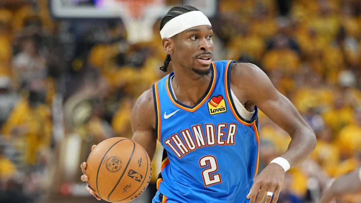 Jun 13, 2025; Indianapolis, Indiana, USA; Oklahoma City Thunder guard Shai Gilgeous-Alexander (2) dribbles the ball against the Indiana Pacers during the first half during game four of the 2025 NBA Finals at Gainbridge Fieldhouse. Mandatory Credit: Kyle Terada-Imagn Images