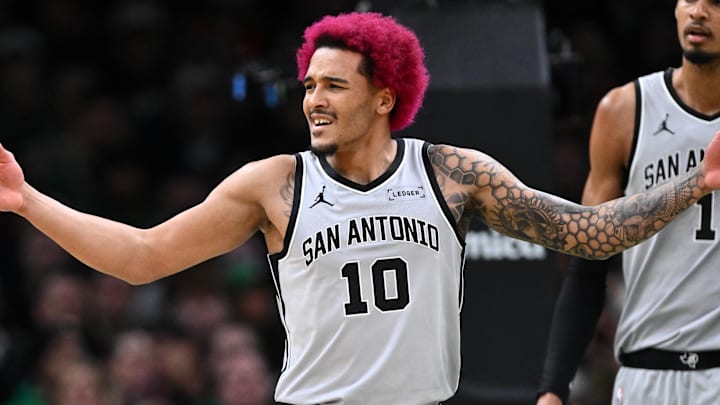 Jan 10, 2026; Boston, Massachusetts, USA; San Antonio Spurs forward Jeremy Sochan (10) reacts after being called for a foul during the first half of a game against the Boston Celtics at the TD Garden. Mandatory Credit: Brian Fluharty-Imagn Images