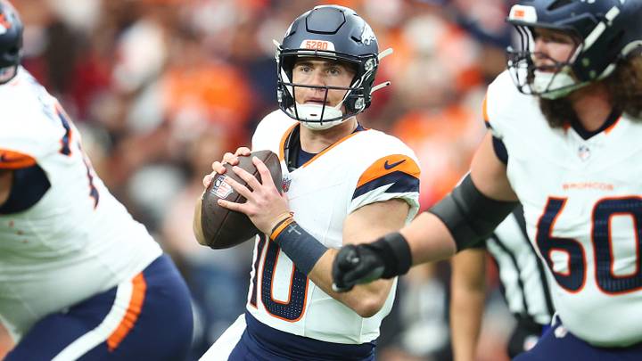 Oct 25, 2026; Glendale, Arizona, USA; Denver Broncos quarterback Bo Nix (10) drops back to pass. Oct 25, 2026; Glendale, Arizona, USA; Denver Broncos quarterback Bo Nix (10) drops back to pass.