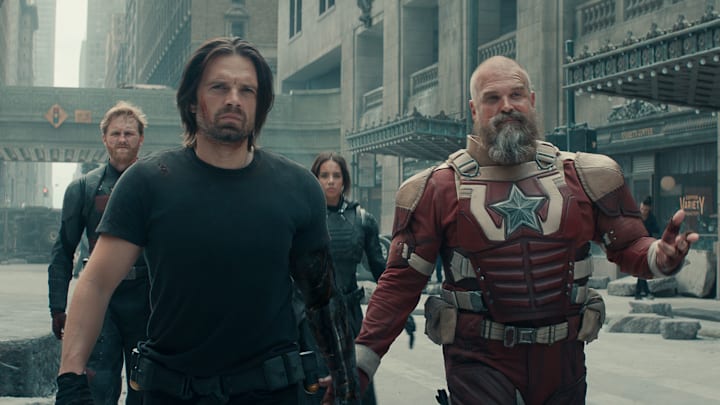 (L-R): John Walker (Wyatt Russell), Bucky Barnes (Sebastian Stan), Ghost (Hannah John-Kamen) and Alexei Shostakov/Red Guardian (David Harbour) in Marvel Studios' THUNDERBOLTS*. Photo courtesy of Marvel Studios. © 2025 MARVEL.