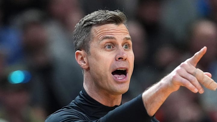 Mar 19, 2026; Greenville, SC, USA; Duke Blue Devils head coach Jon Scheyer reacts in the first half during a first round game of the men's 2026 NCAA Tournament at Bon Secours Wellness Arena. Mandatory Credit: Jim Dedmon-Imagn Images