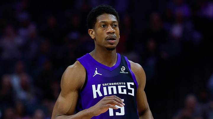 Feb 6, 2026; Sacramento, California, USA; Sacramento Kings forward De'Andre Hunter (15) reacts after scoring during the first quarter against the Los Angeles Clippers at Golden 1 Center. Mandatory Credit: Sergio Estrada-Imagn Images
