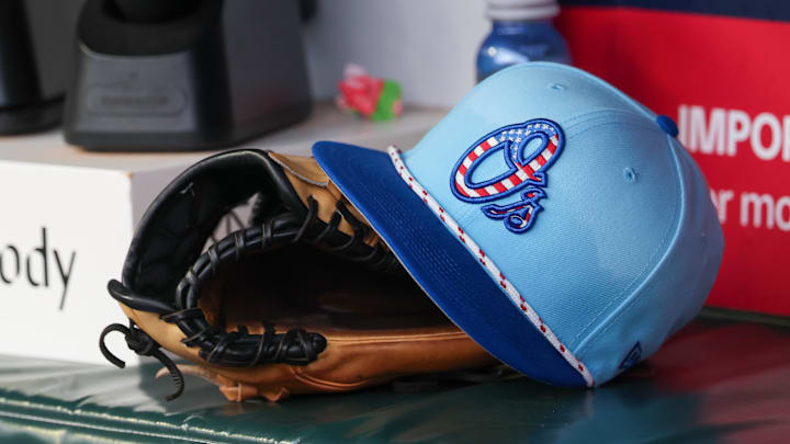 Jul 4, 2025; Atlanta, Georgia, USA; A detailed view of the Baltimore Orioles 4th of July hat in the dugout against the Atlanta Braves in the third inning at Truist Park. 