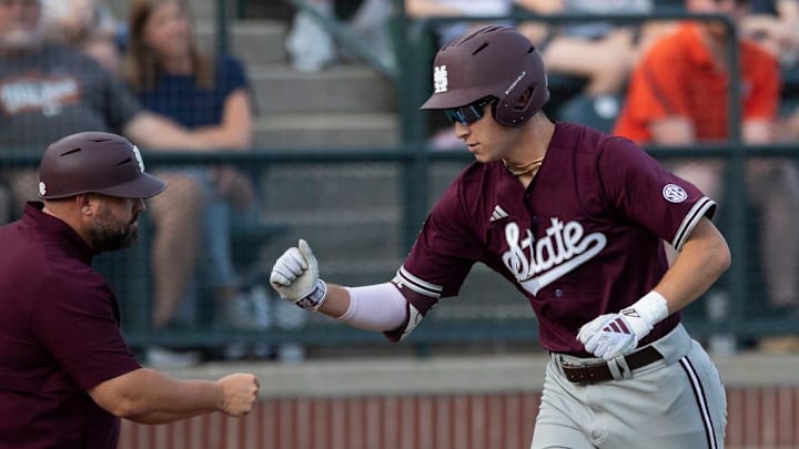 Mississippi State Bulldogs' Ace Reese (3) celebrates his home run against the Auburn Tigers at Plainsman Park in Auburn, Ala. Mississippi State Bulldogs' Ace Reese (3) celebrates his home run against the Auburn Tigers at Plainsman Park in Auburn, Ala.