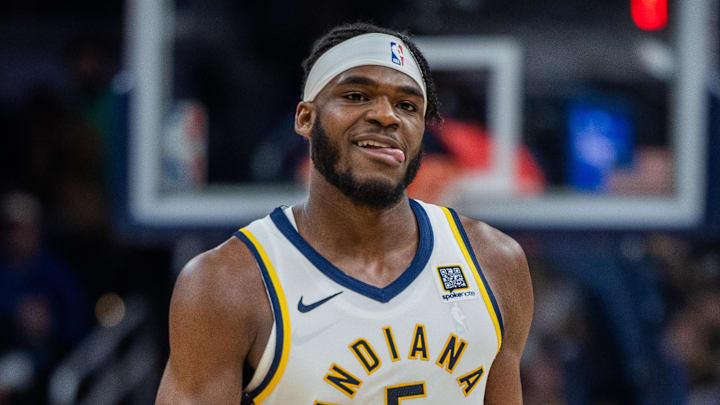 Indiana Pacers forward Jarace Walker (5) celebrates a made basket in the second half against the Orlando Magic at Gainbridge Fieldhouse.