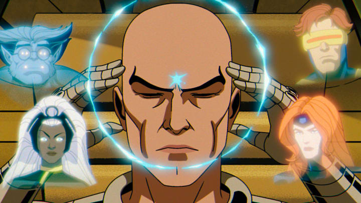 (L-R): Beast (voiced by George Buza), Storm (voiced by Alison Sealy-Smith), Professor X (voiced by Ross Marquand), Jean Grey (voiced by Jennifer Hale), and Cyclops (voiced by Ray Chase) in Marvel Animation's X-MEN '97. Photo courtesy of Marvel Animation. © 2024 MARVEL.