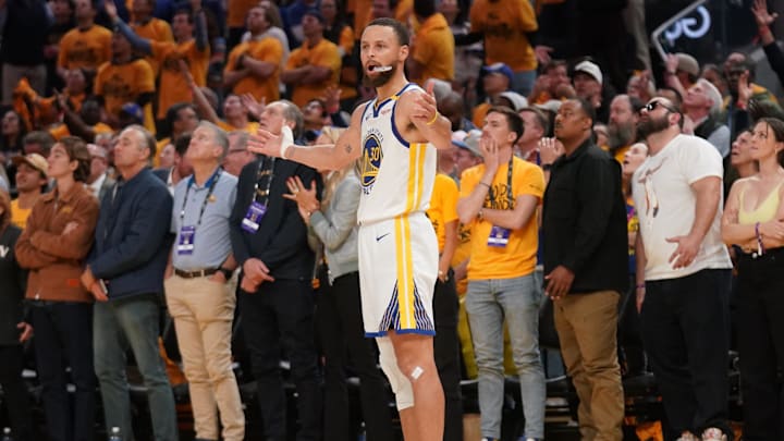 Apr 15, 2025; San Francisco, California, USA; Golden State Warriors guard Stephen Curry (30) reacts after the Warriors were called for a foul against the Memphis Grizzlies in the fourth quarter at the Chase Center. Mandatory Credit: Cary Edmondson-Imagn Images