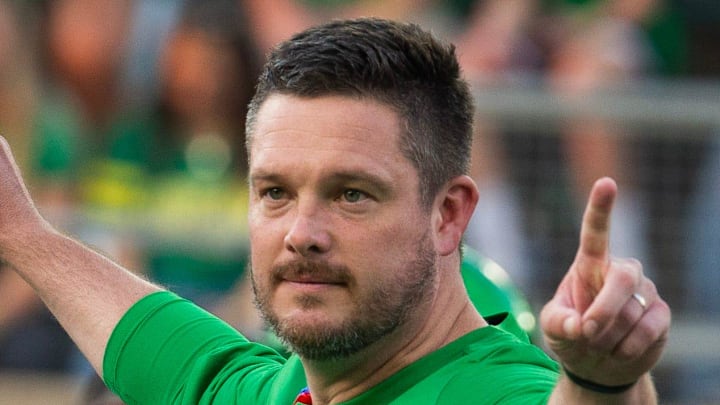 Oregon coach Dan Lanning oversees warmups before the game against Boise State at Autzen in Eugene Sept. 7, 2024