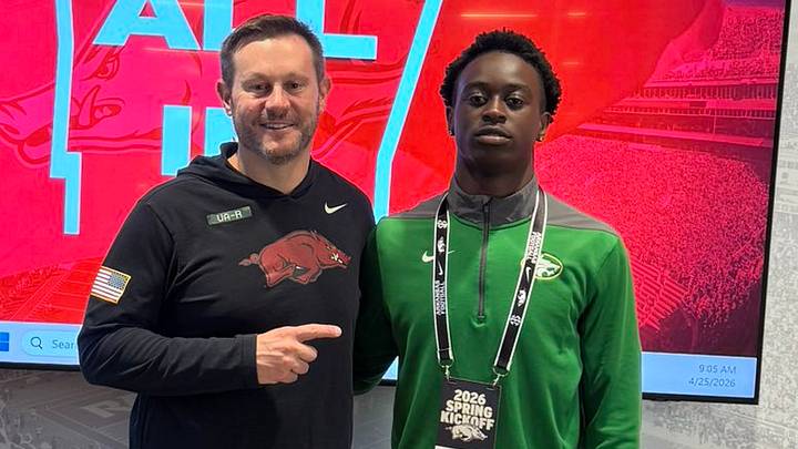 Arkansas Razorbacks coach Ryan Silverfield (left) with Buford (Ga.) High School 3-star safety Jameer Grant during his official visit. Arkansas Razorbacks coach Ryan Silverfield (left) with Buford (Ga.) High School 3-star safety Jameer Grant during his official visit.