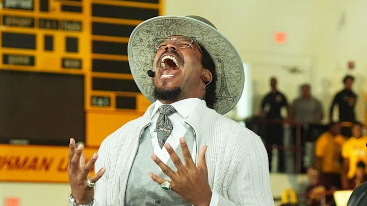 ESPN's First Take cast of Shae Cornette, Cam Newton and Ryan Clark share a laugh during the live show at Bethune-Cookman University during the show’s HBCU fall tour, Thursday, Nov. 20, 2025.