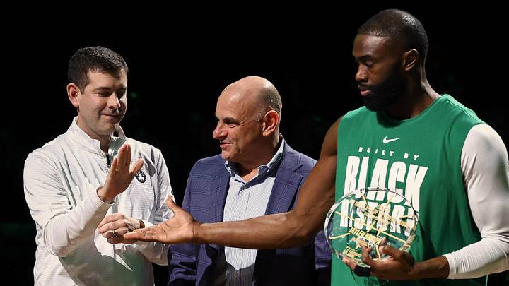 Feb 11, 2026; Boston, Massachusetts, USA; Brad Stevens the president of basketball operations for the Boston Celtics congratulates guard Jaylen Brown (7) for receiving the NBA player of the month award for his performance in the month of January before their game against the Chicago Bulls at TD Garden. Mandatory Credit: Winslow Townson-Imagn Images Feb 11, 2026; Boston, Massachusetts, USA; Brad Stevens the president of basketball operations for the Boston Celtics congratulates guard Jaylen Brown (7) for receiving the NBA player of the month award for his performance in the month of January before their game against the Chicago Bulls at TD Garden. Mandatory Credit: Winslow Townson-Imagn Images