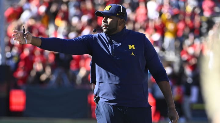 Nov 18, 2023; College Park, Maryland, USA; Michigan Wolverines interim head coach Sherrone Moore during the second half at SECU Stadium. Mandatory Credit: Brad Mills-USA TODAY Sports