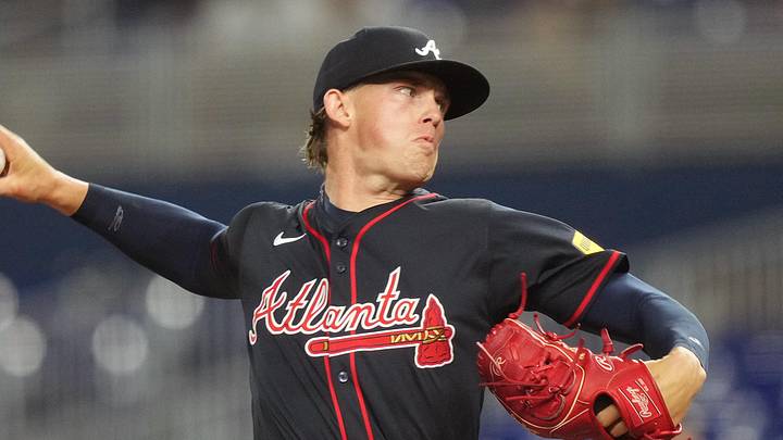 Aug 26, 2025; Miami, Florida, USA; Atlanta Braves pitcher Hurston Waldrep (64) pitches in the first inning against the Miami Marlins at loanDepot Park. Mandatory Credit: Jim Rassol-Imagn Images