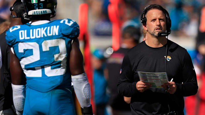 Jacksonville Jaguars defensive coordinator Anthony Campanile looks on during the fourth quarter of an NFL football matchup, Sunday, Oct. 12, 2025, at EverBank Stadium in Jacksonville, Fla. The Seahawks defeated the Jaguars 20-12. [Corey Perrine/Florida Times-Union]