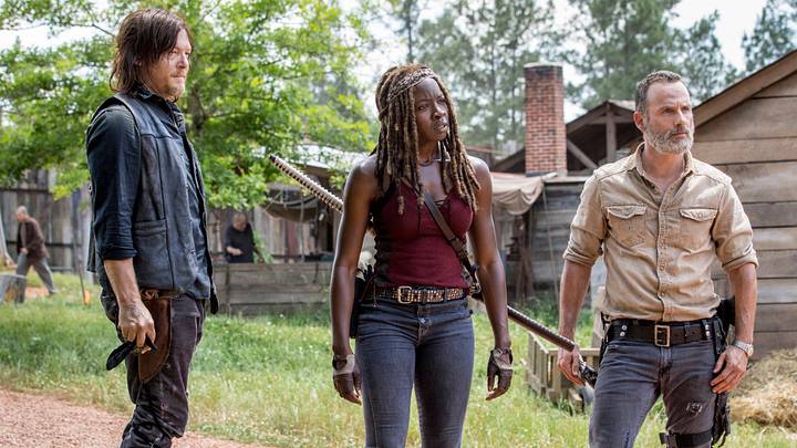 Norman Reedus as Daryl Dixon, Andrew Lincoln as Rick Grimes, Danai Gurira as Michonne in The Walking Dead Season 9, Episode 1 