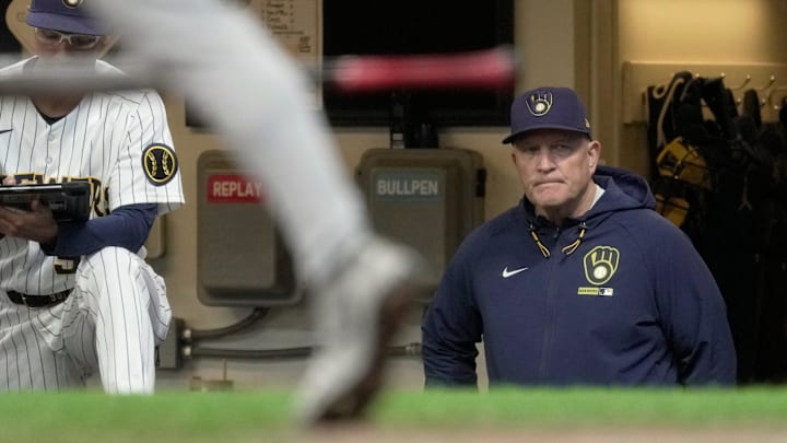 Milwaukee Brewers manager Pat Murphy is shown during the first inning of their game against the Pittsburgh Pirates Saturday, April 25, 2026 at American Family Field in Milwaukee, Wisconsin.