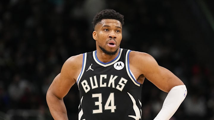 Jan 23, 2026; Milwaukee, Wisconsin, USA;  Milwaukee Bucks forward Giannis Antetokounmpo (34) looks on during the second quarter against the Denver Nuggets at Fiserv Forum. Mandatory Credit: Jeff Hanisch-Imagn Images