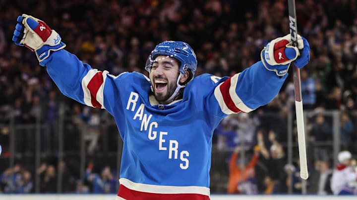 Dec 13, 2025; New York, New York, USA;  New York Rangers center Mika Zibanejad (93) celebrates after defeating the Montréal Canadiens 5-4 in overtime at Madison Square Garden. Mandatory Credit: Wendell Cruz-Imagn Images