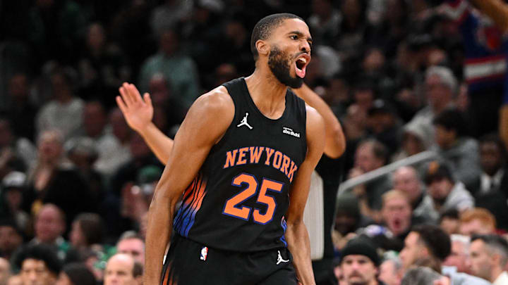 Dec 2, 2025; Boston, Massachusetts, USA; New York Knicks guard Mikal Bridges (25) reacts after making a three-point basket against the Boston Celtics during the second half at the TD Garden. Mandatory Credit: Brian Fluharty-Imagn Images