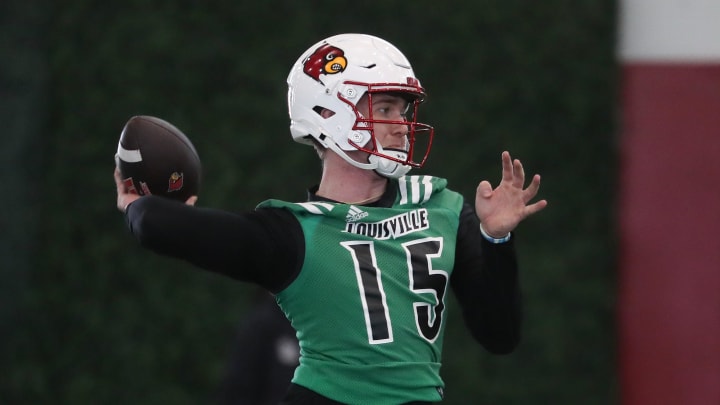 Louisville football QB Harrison Bailey (15) during spring practice at the Trager practice facility in Louisville, Ky. on Mar. 19, 2024 Louisville football QB Harrison Bailey (15) during spring practice at the Trager practice facility in Louisville, Ky. on Mar. 19, 2024