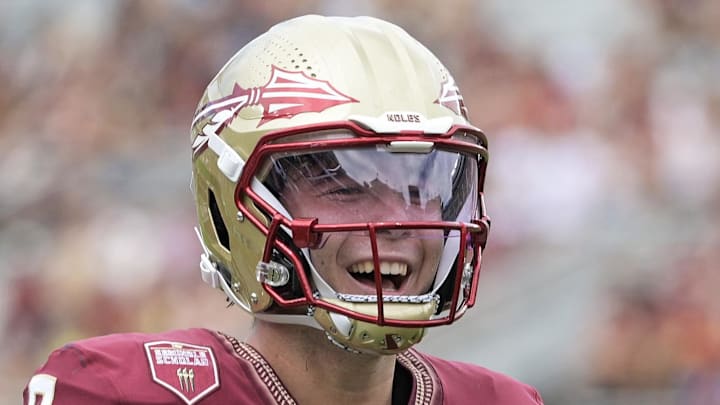 Sep 6, 2025; Tallahassee, Florida, USA; Florida State Seminoles quarterback Kevin Sperry celebrates after scoring a touchdown against the East Texas A&M Lions during the second half at Doak S. Campbell Stadium. Mandatory Credit: Melina Myers-Imagn Images