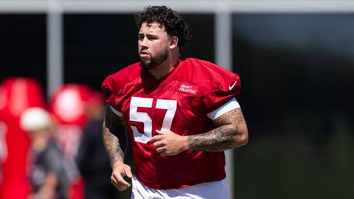 May 8, 2026; Tempe, AZ, USA; Arizona Cardinals offensive lineman Chase Bisontis (57) during rookie minicamp at Dignity Health Arizona Cardinals Training Center. Mandatory Credit: Mark J. Rebilas-Imagn Images