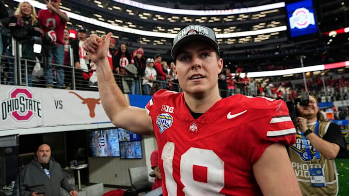Ohio State Buckeyes quarterback Will Howard (18) leaves the field following the Cotton Bowl Classic College Football Playoff semifinal game against the Texas Longhorns at AT&T Stadium in Arlington, Texas on Jan. 10, 2025. Ohio State won 28-14.