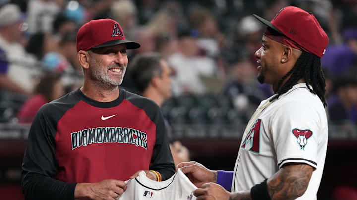 Jul 6, 2025; Phoenix, Arizona, USA; Arizona Diamondbacks manager Torey Lovullo (17) congratulates second base Ketel Marte (4) after making the All-star game in the first inning against the Kansas City Royals at Chase Field. Mandatory Credit: Rick Scuteri-Imagn Images Jul 6, 2025; Phoenix, Arizona, USA; Arizona Diamondbacks manager Torey Lovullo (17) congratulates second base Ketel Marte (4) after making the All-star game in the first inning against the Kansas City Royals at Chase Field. Mandatory Credit: Rick Scuteri-Imagn Images