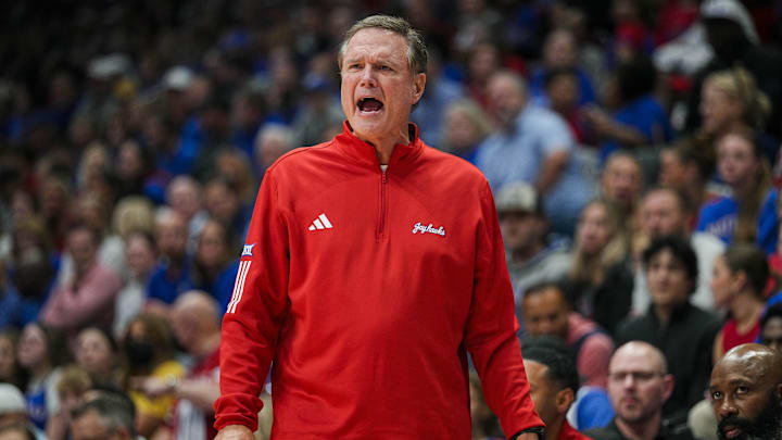Nov 3, 2025; Lawrence, Kansas, USA; Kansas Jayhawks head coach Bill Self reacts during the first half against the Green Bay Phoenix at Allen Fieldhouse. Mandatory Credit: Jay Biggerstaff-Imagn Images
