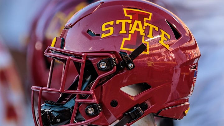 Nov 9, 2024; Kansas City, Missouri, USA; Iowa State Cyclones helmets on the bench during the first quarter against the Kansas Jayhawks at GEHA Field at Arrowhead Stadium. 