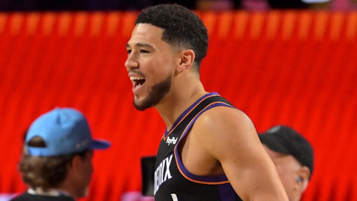 Feb 14, 2026; Los Angeles, CA, USA; Phoenix Suns guard Devin Booker (1) reacts in the three point contest during the 2026 NBA All Star Saturday Night at Intuit Dome. Mandatory Credit: Jayne Kamin-Oncea-Imagn Images