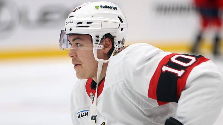 Mar 18, 2026; Washington, District of Columbia, USA; Ottawa Senators defenseman Jordan Spence (10) looks on before a game against the Washington Capitals at Capital One Arena. Mandatory Credit: Daniel Kucin Jr.-Imagn Images